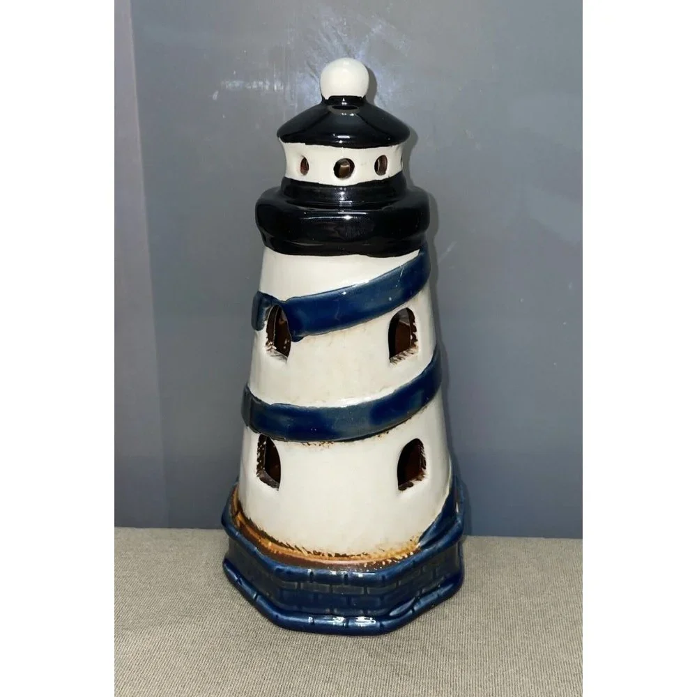 Lighthouse Nautical Spiral Hand Painted Ceramic Vintage Nightlight Light 7”